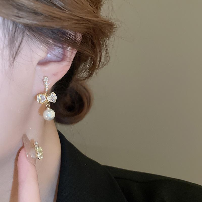 Elegant Gold-Plated Bow & Faux Pearl Earrings with Silver Needle