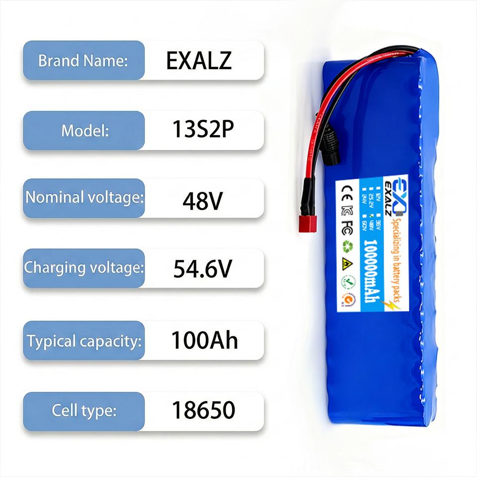 48V Electric Scooter Battery 13S2P 100Ah 18650 Lithium Pack For E-Bike Vehicle Motorcycle DIY BMS + 54.6V Charger