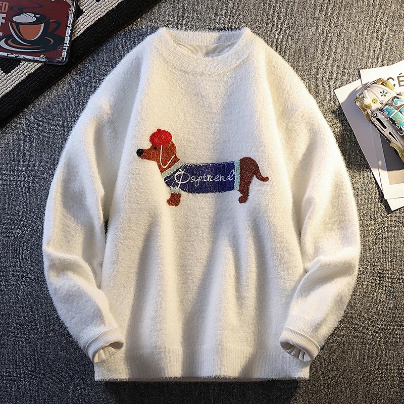 Harajuku Lovely Puppy Embroidered Sweater Spring Autumn Round Neck Korean Style Sweater Coat Men Women Pullover  Knitted Sweater
