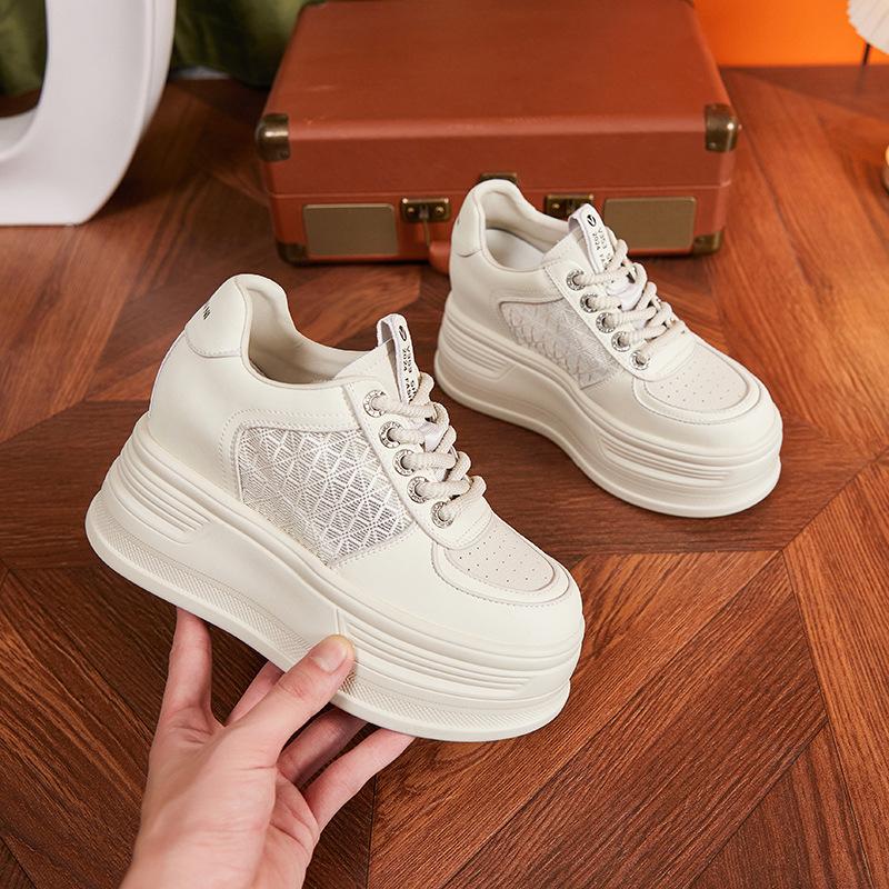 Platform White Shoes Women's 2025 New Spring Hollow Mesh Casual Shoes Versatile Small Inner Height Increase Women's Shoes