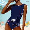 Women Plus Size High Round Neck Sleeveless Printed One Piece Swimsuit Red Blue White