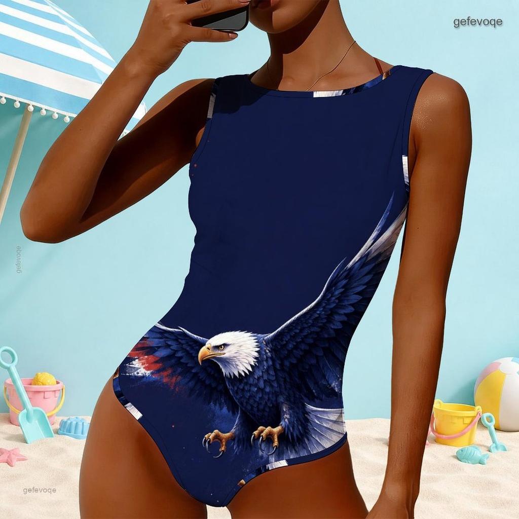 Women Plus Size High Round Neck Sleeveless Printed One Piece Swimsuit Red Blue White