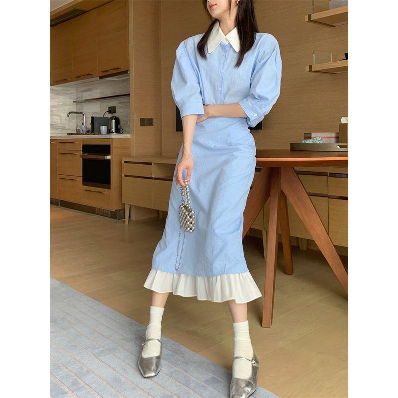 Sea Salt Cheese Gentle Oni Contrast Color Light Blue Stripe Shirt for Women Skirt Suit Summer
