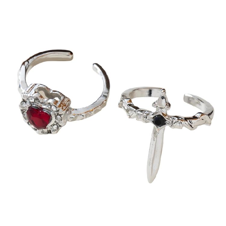 Stylish Pair Of Gothic Themed Heart And Swords Rings Alloy Comfortable Fit For Everyday Use