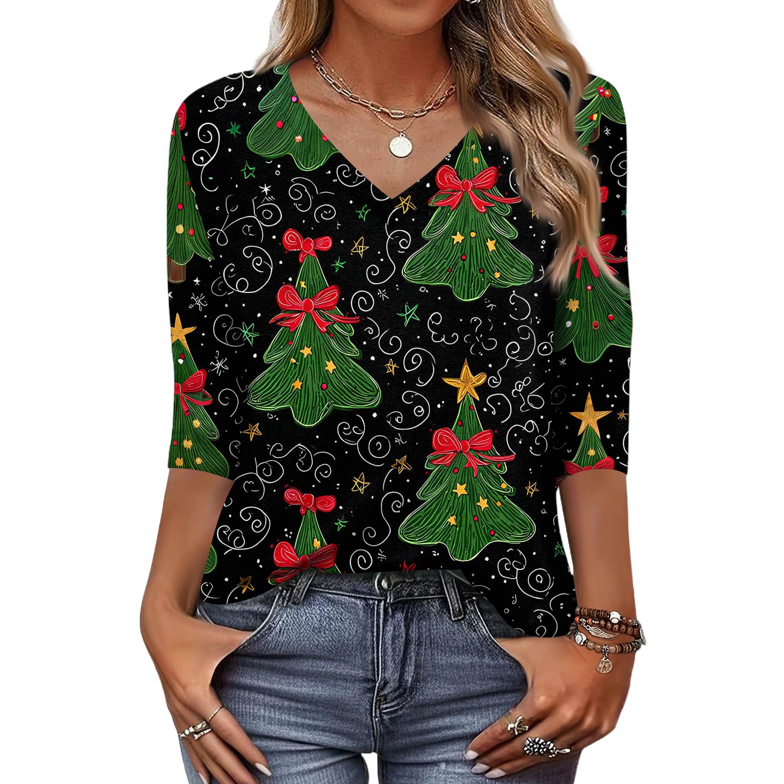 

Модный винтажный топ с рукавом 3/4 для женщин, женская повседневная футболка с рукавом три четверти, V-образным вырезом и принтом S