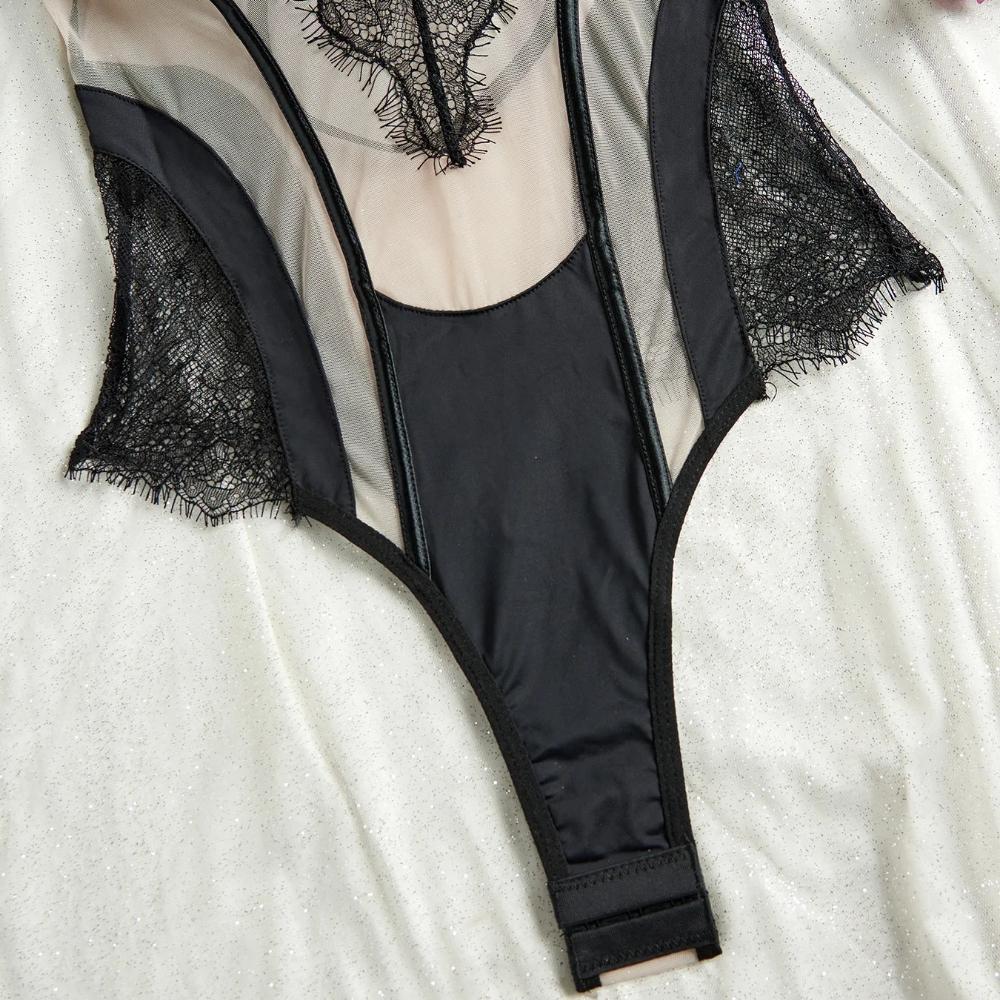 Französisches Ultra-dünnes Damen-Bodysuit-Set Sexy Spitze Stickerei Unterwäsche Atmungsaktives Netz Bodycon Einteiler Verführung Hohl-Jumpsuit