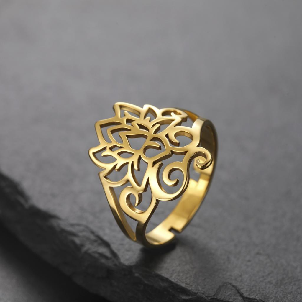 Retro Lotus OM Symbol Open Ring Stainless Steel Women's Buddhist Adjustable Talisman Couple Anniversary Jewelry Gift