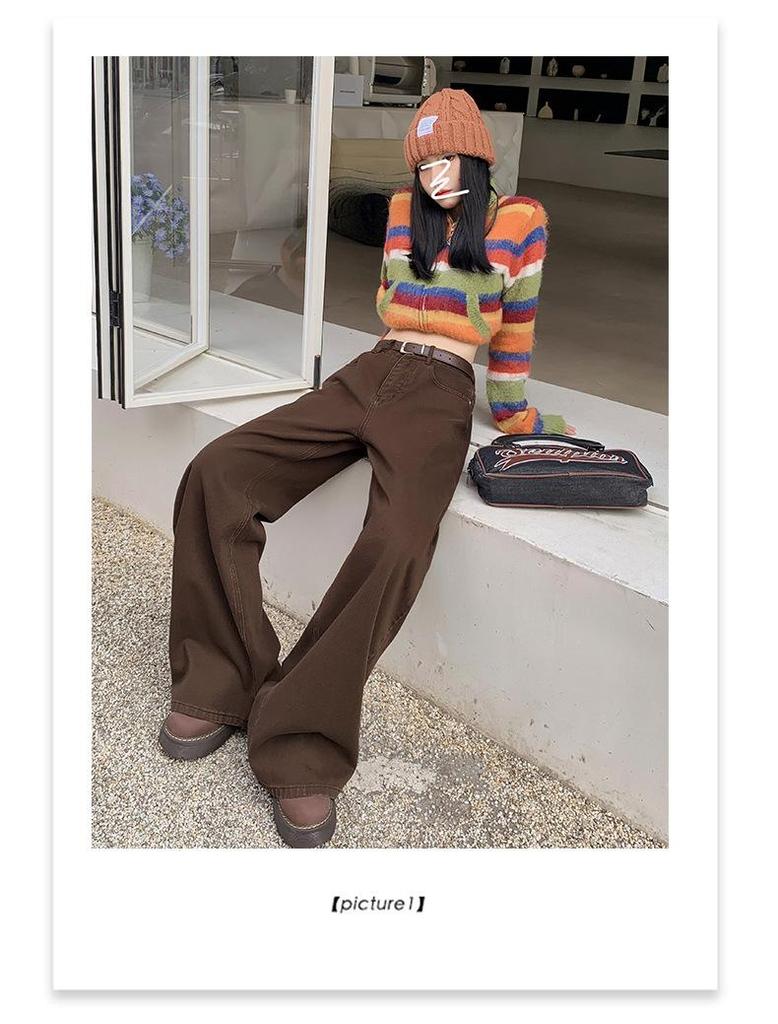 Maillard Women's Retro Brown Wide-Leg High-Waist Jeans, Plus Size, Floor-Length, Spring/Autumn 2025