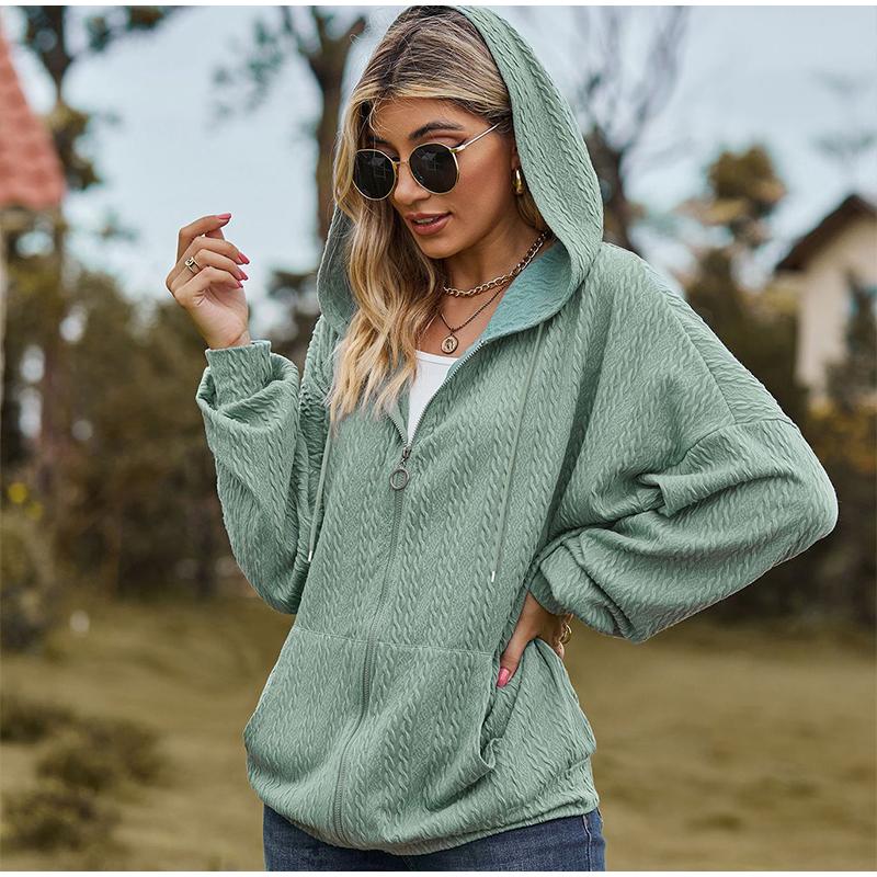 Women's Oversized V-neck Zipper Pure Color Long Loose Hooded Outwear