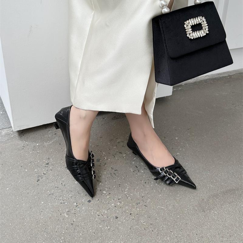 Spring and autumn new fashion pointed low heel women's shoes, with belt buckle lightweight slip ballet elegant high heels