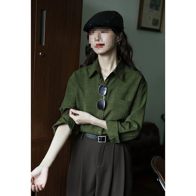 

Women’s Retro Hong Kong Style Solid Color Slimming Long-Sleeve Shirt - Green Design for Autumn L 105-120 темно-зеленого