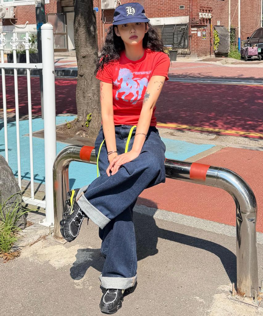 Damiswi Horse Graphic Pastel Slim T-Shirt_Red