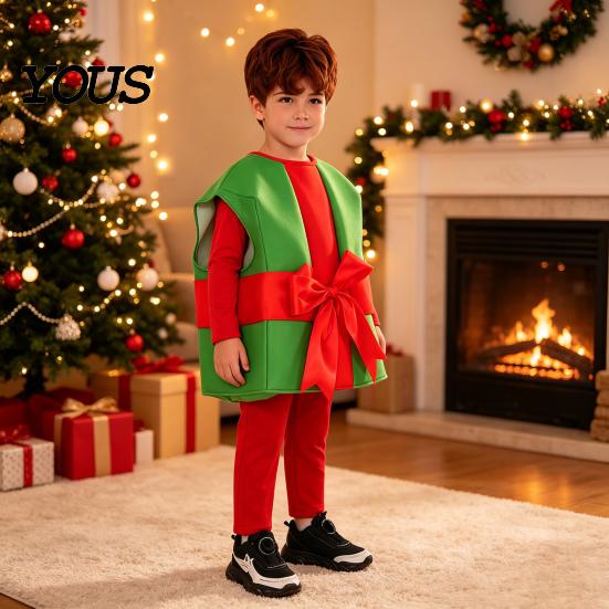 Indoor Outdoor Winter Play Clothes Christmas Box Costume for Kids, Santa Gift Dress Up Outfit Festive Holiday Performance Party, Soft Plush