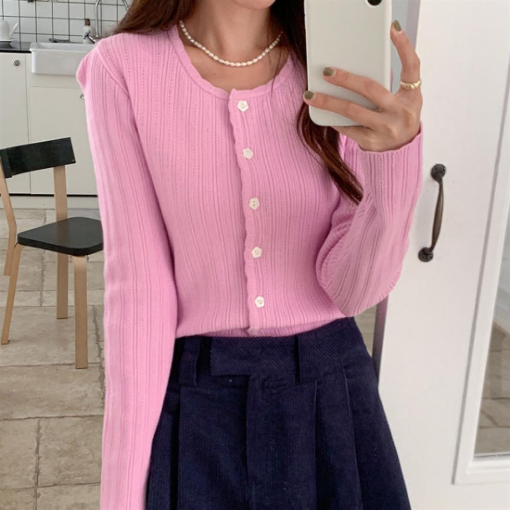 New Arrivals Open Run Women Ribbed Floral Button Wave Design Knit Cardigan
