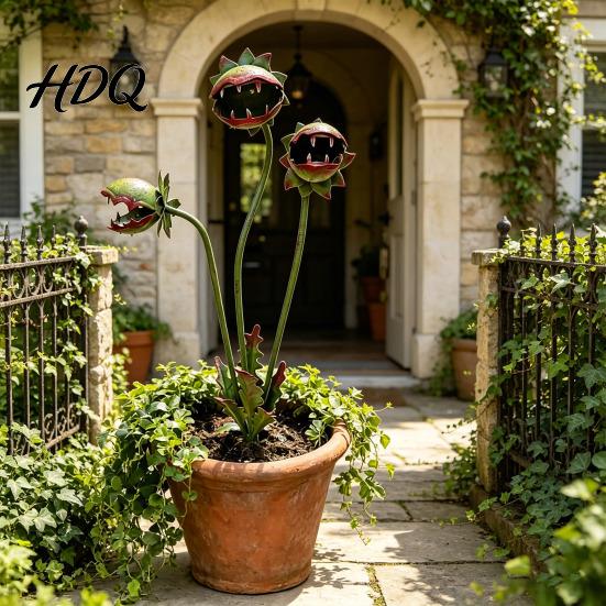 Large Garden Pillar Metal Carnivorous Plant Stake 25-Inch Venus Flytrap Decoration Flower Sculpture for Outdoor Patio Lawn Yard Decor Handmade Art