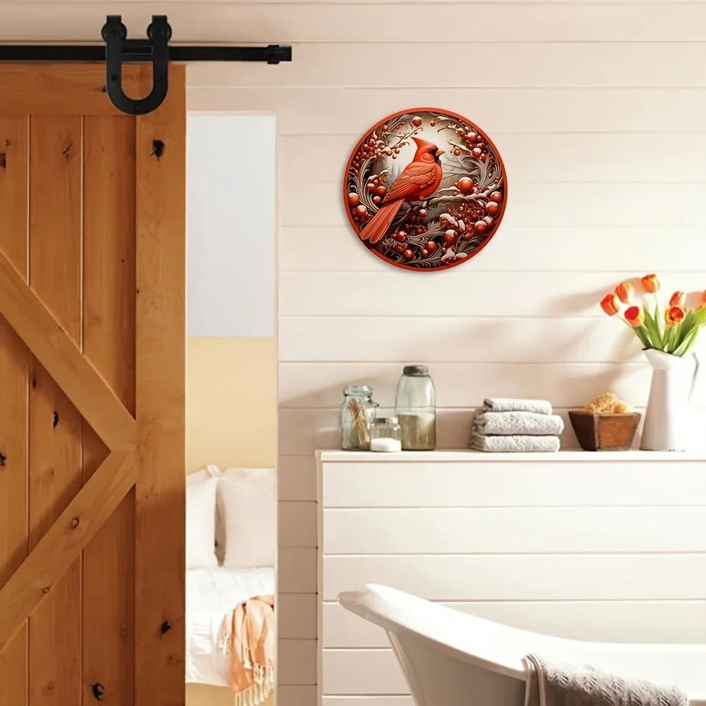 1pc North American Cardinal and Holly Berry Wreath Sign Noble Bird Rustic Metal Sign Elegant Cardinal Decorative Wall Hanging