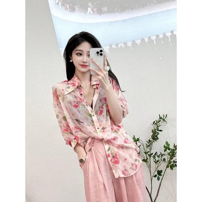 Elegant Rose Button Long-Sleeve Women's Shirt - Sweet, Stylish Design, Sun Protection Outerwear