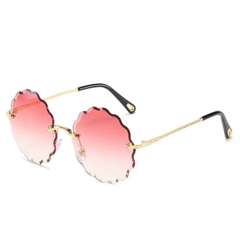 Luxury Retro Round Sunglasses Women Flower Design Trendy Rimless Sun Glasses Shades For Women Driving Eyewear Uv400