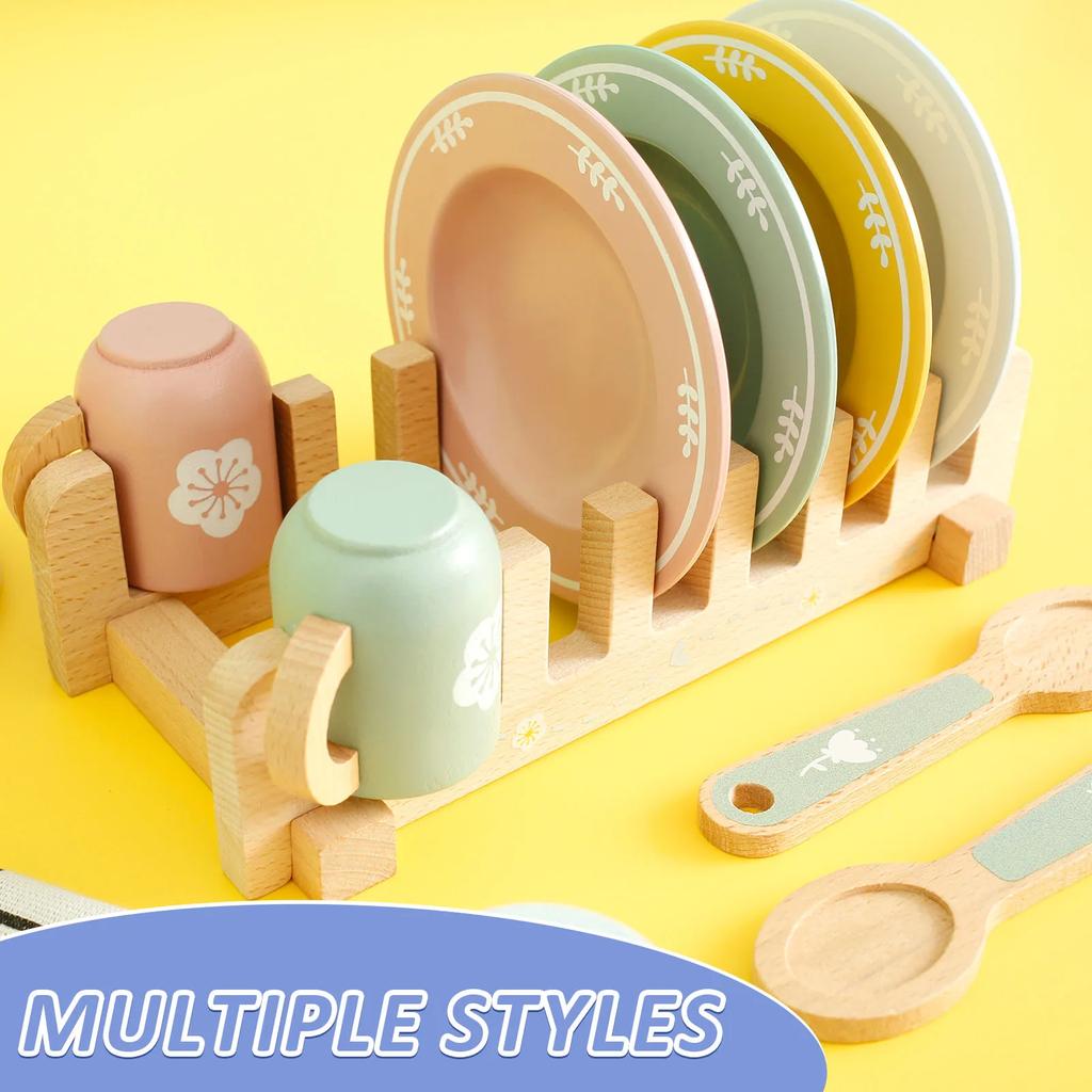 Kid Wooden Dinnerware Toy Set Safe Wood Kids Kitchen Playset Funny Toddler Kitchen Toy Children Kitchen Cutlery and Plate Toy