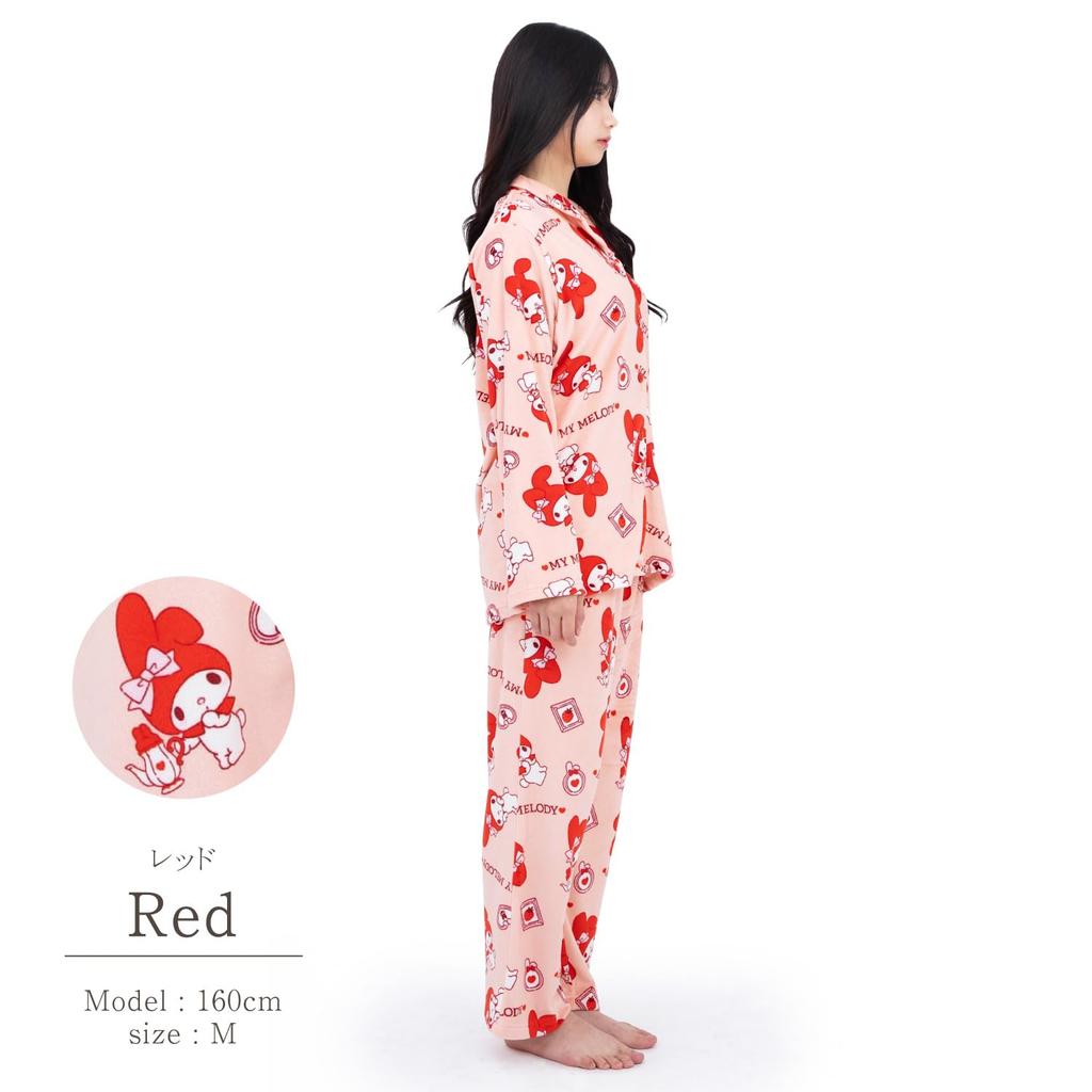 SAZAC My Melody Shirt Long Sleeve and Pants Stylish Frame My Melody Pajamas, Micro-Fur Fleece, Women's, Set, Loungewear, (Red/L/SAN1742)