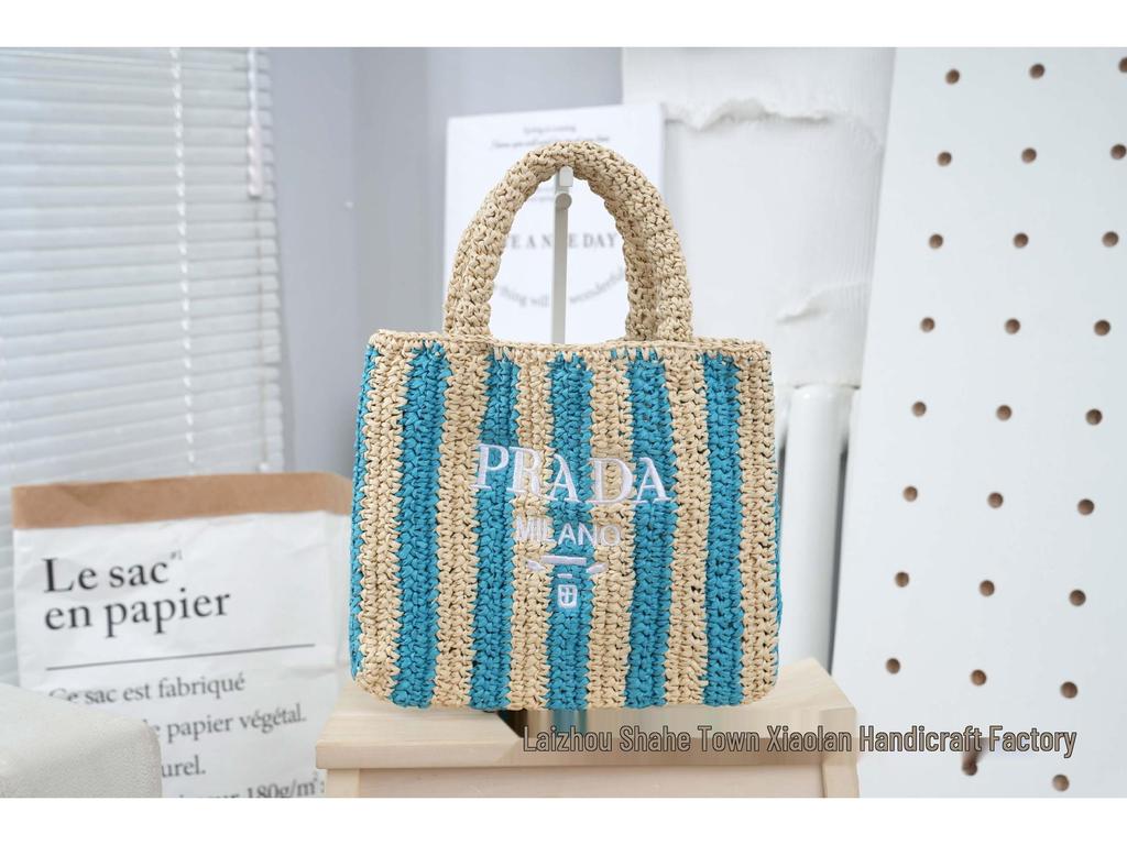 Striped Handmade Straw Tote with Letter Embroidery - Casual Beach Travel Bag