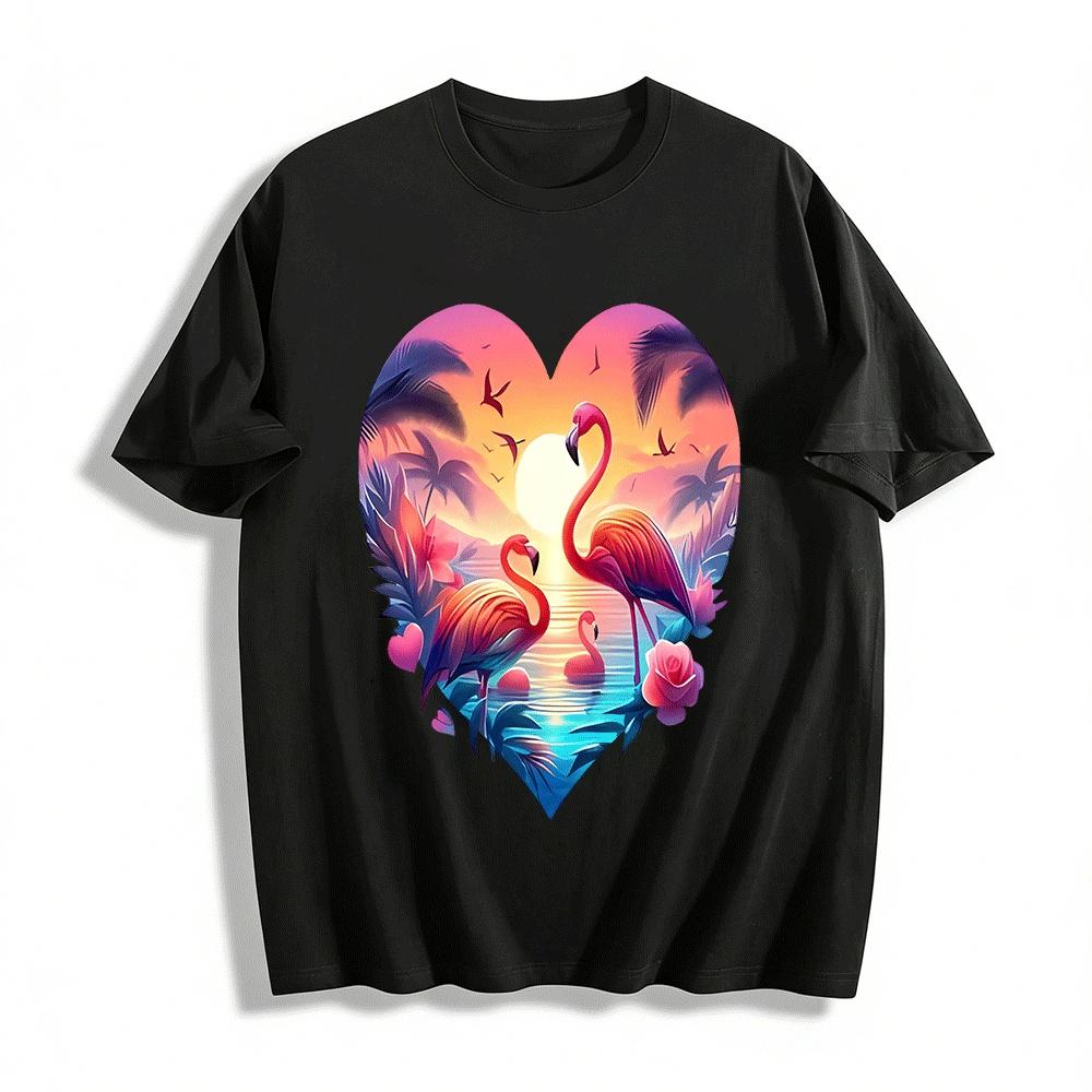

Tropical Sunset Flamingo Heart Print Vacation Casual Top Pure cotton T-shirt XXS