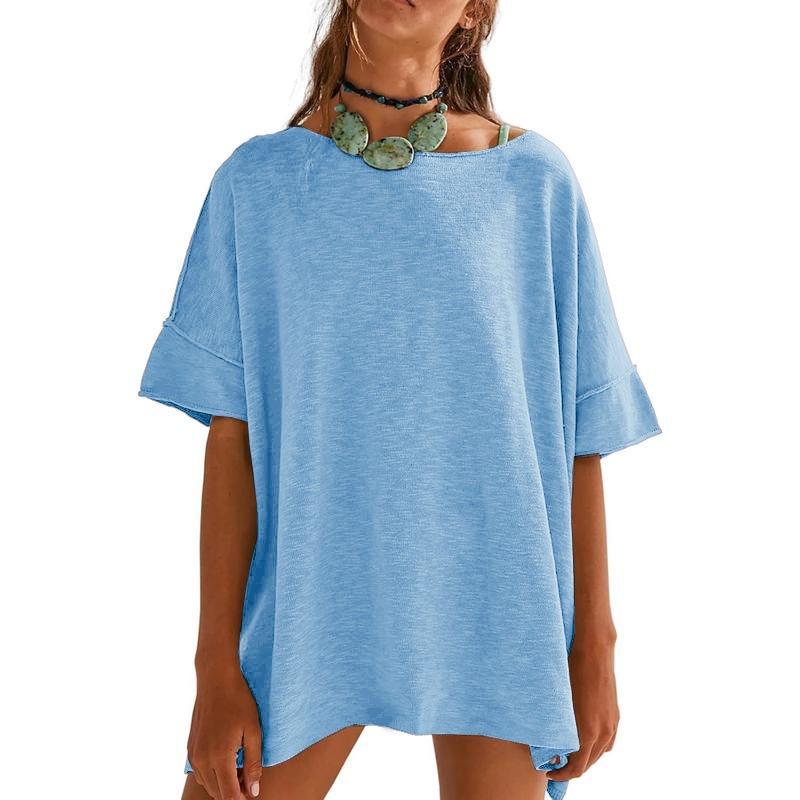 QICED Women's Fashion Casual Solid Color Print 1/2 Sleeves O-Neck Blouses & Shirts