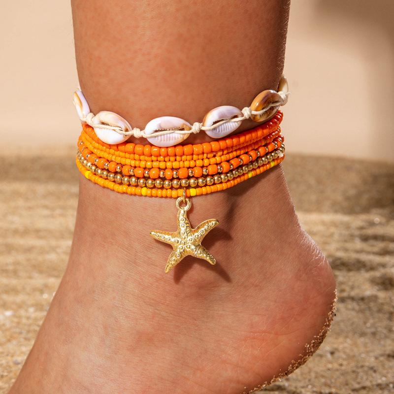 Bohemian holiday style acrylic shell woven anklet, beach style resin starfish anklet seven pieces
