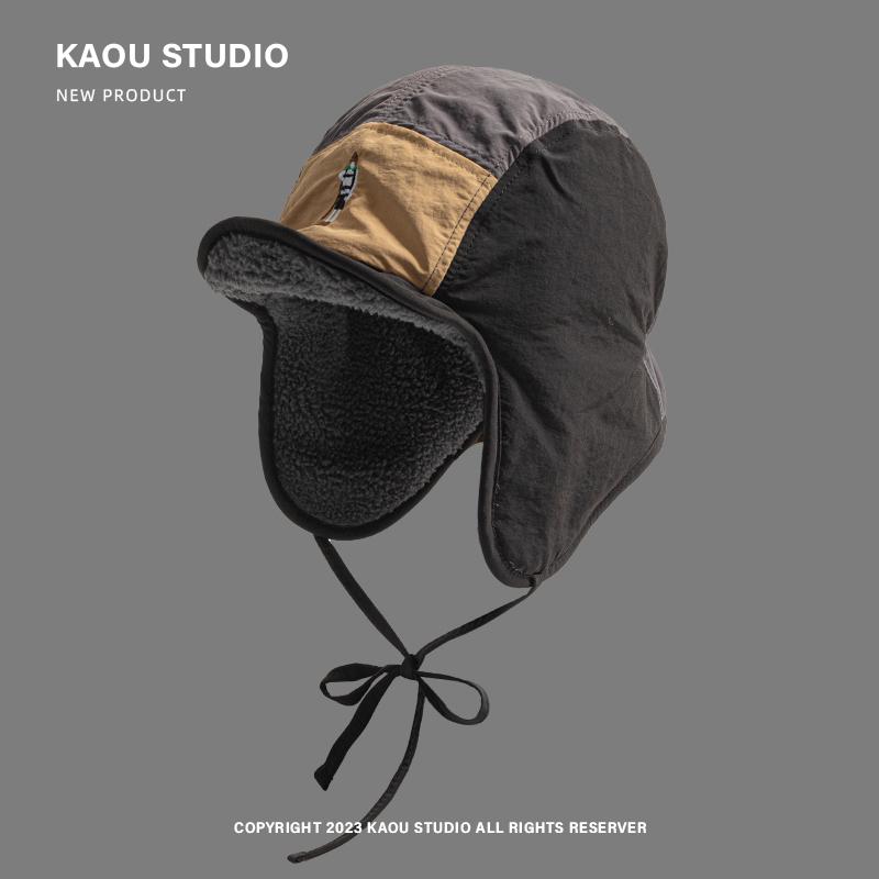 Retro Color Matching Versatile Bomber Hat for Men and Women Winter Fleece Warm Ear Protection Fashion Strap Pilot Cap