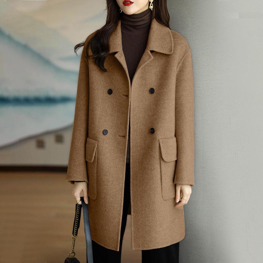 Cappotto di lana da donna, tinta unita, a maniche lunghe, doppiopetto, di media lunghezza, con tasche
