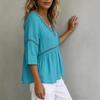 2026 New Women's Solid Color V-neck Hollow Casual Top with Lace Trim Cotton-Linen Shirt