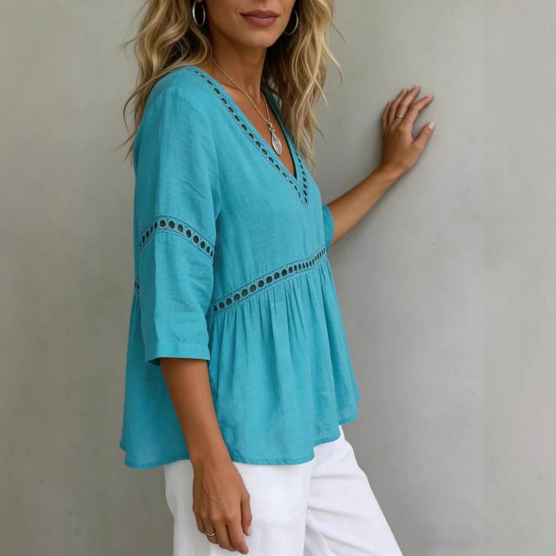2026 New Women's Solid Color V-neck Hollow Casual Top with Lace Trim Cotton-Linen Shirt