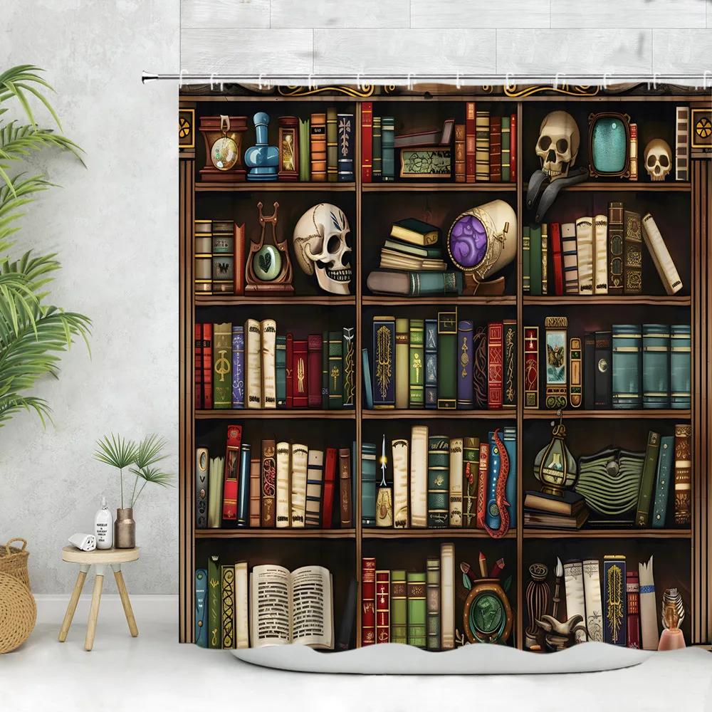 Vintage Library Shower Curtain Skull Candles Old Books Bookshelf Cat Plant Cartoon Home Polyester Fabric Bathroom Decor Curtains
