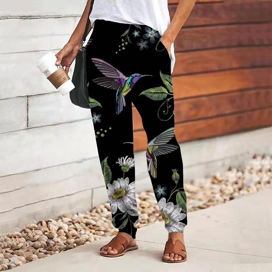 Women Bird Printing Pants Lace Up Elastic Waist Loose  Trousers Casual Long Pants Trousers with Pockets