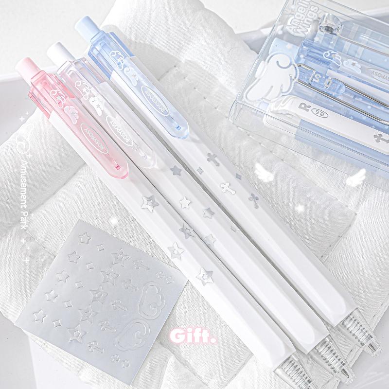 4pcs/set Pearl Angel Gel Pen Set Cute Exam Pens with Wing Design Kawaii Cartoon 0.5mm Black Ink for Kids Back To School Student