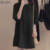ZANZEA Damen Casual Rundhals Locker 3/4 Ärmel Einfarbiges Kleid
