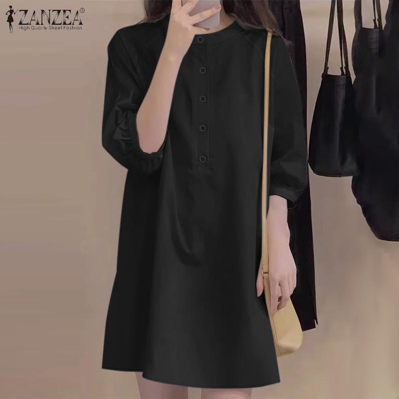 ZANZEA Kobiety Casualowa Sukienka w Jednolitym Kolorze z Luźnym Rękawem 3/4 i Okrągłym Dekoltem