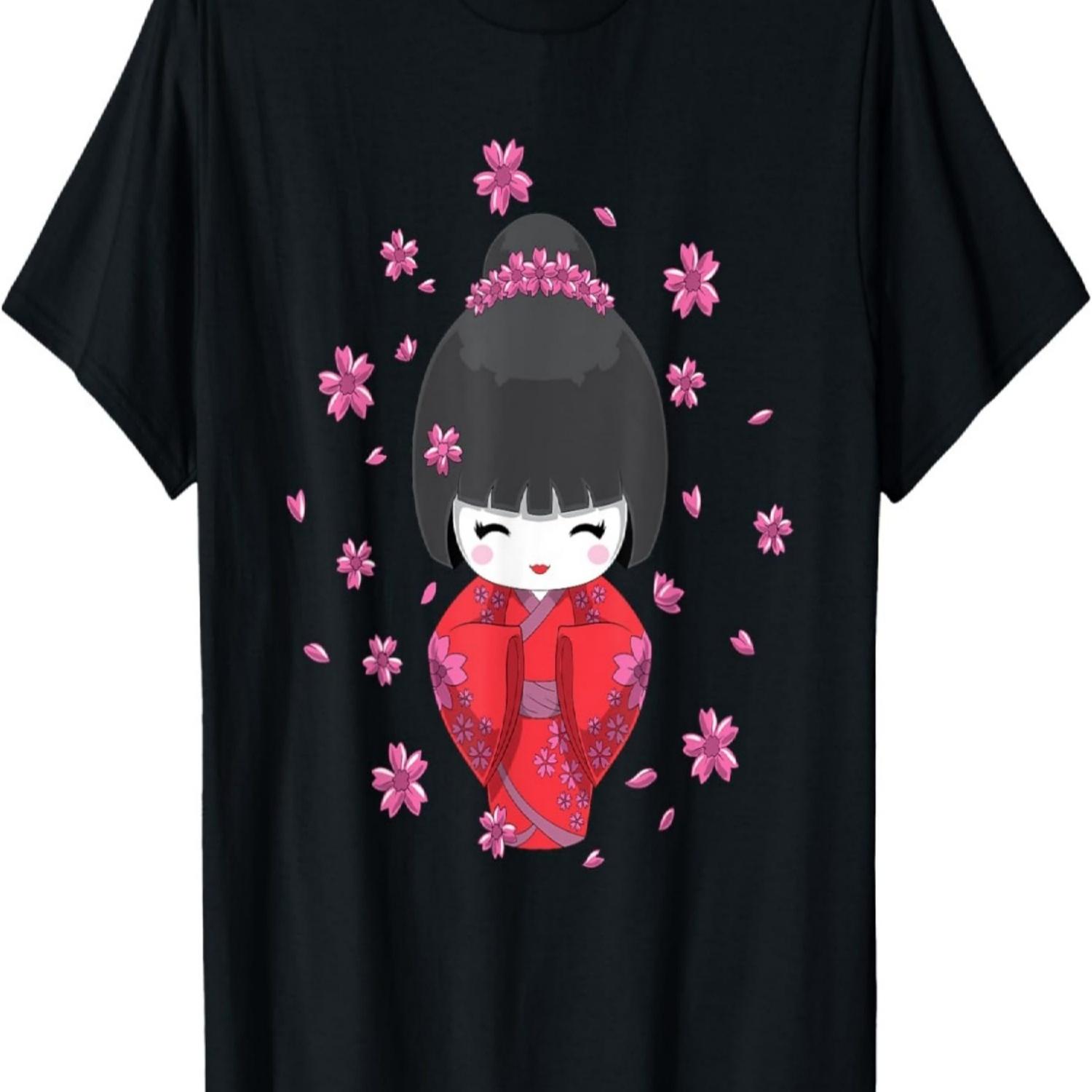 Kawaii Kokeshi Doll in Kimono and Cherry Blossom T-Shirt S
