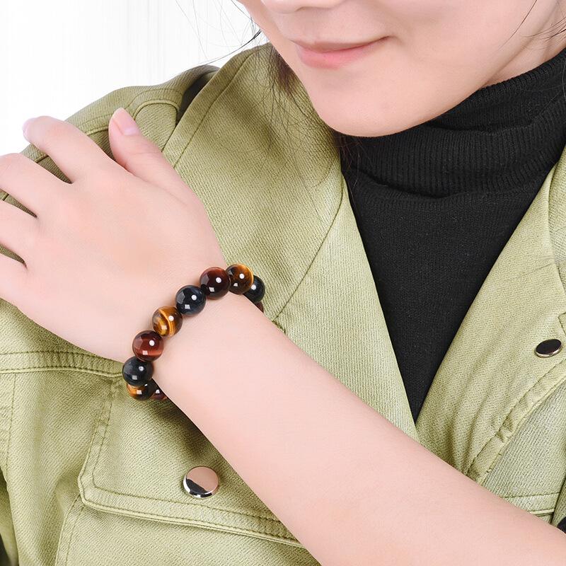 Tri-Color Tiger Eye and Eagle Eye Stone Bracelet for Men and Women, 8-14mm Natural Red, Yellow, and Blue Stones with Wood Crystal.