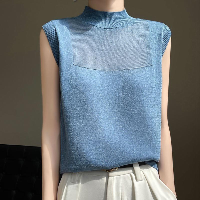 

Half-high Neck Hollowed-out Imitation Wool Sleeveless T-shirt for Women s Summer New Loose and Versatile Solid Color Base Shirt Top M