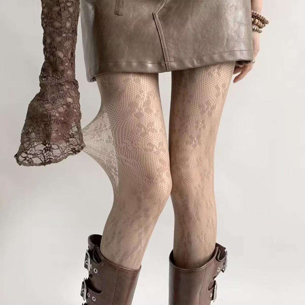 Retro Floral Jacquard Fishnet Stockings, Y2K Black Anti-Snag Stockings for Women