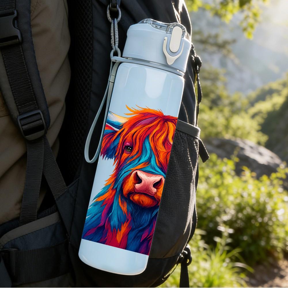 1PC Highland Cow Art Design 750ml Color Plastic Sports Water Bottle Leakproof Flip Straw Lid Suitable for Sports Office Home Use