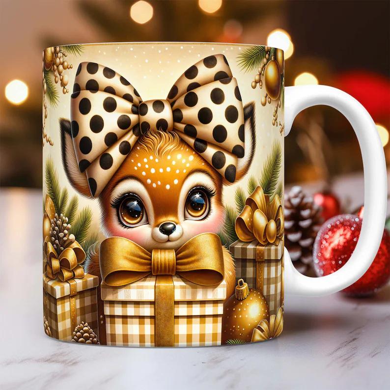 3D Christmas Gift Christmas Reindeer Baby Deer Ceramic Coffee Mug Tea Cup