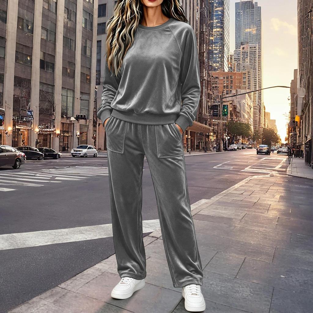 Women's Velvet Set Casual Loose Fit Neck Long Sleeve Top and Pants 2 Piece Outfit