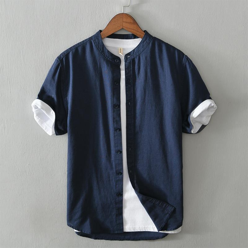 Chinese Style Stand Up Collar Linen Shirt Men's Short-sleeved Cotton and Linen Shirt Summer Thin Loose Casual Shirt