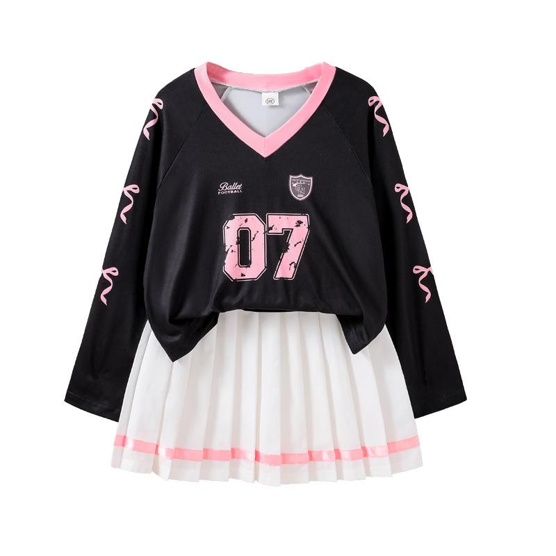 Dívčí módní set, podzimní dětský ležérní sportovní dvoudílný set s barevně blokovaným tričkem s dlouhým rukávem a plisovanou sukní