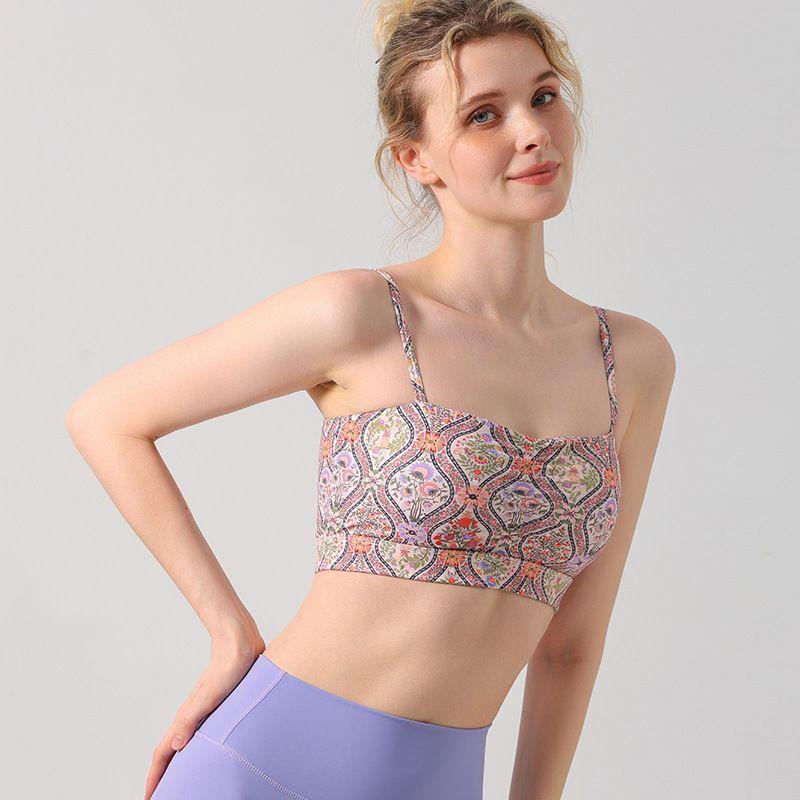 Retro Print Strap Sports Bra Women's Chest Pad Workout Underwear Yoga Clothes Vest Suit Push up Tube Top