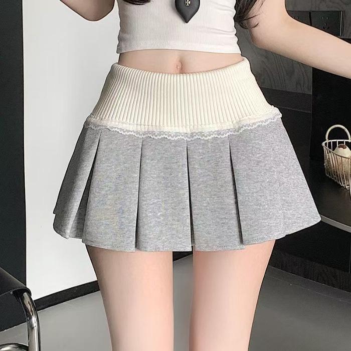 

Gray Lace Knit A-line Pleated High Waist Mini Skirt with Belt for Spring/Summer L