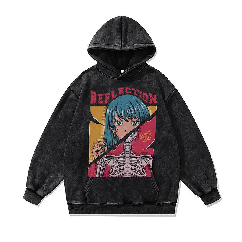 American High Street Retro Hooded Sweater Autumn And Winter Cartoon Digital Direct Injection Printing Washed Hoodie Men