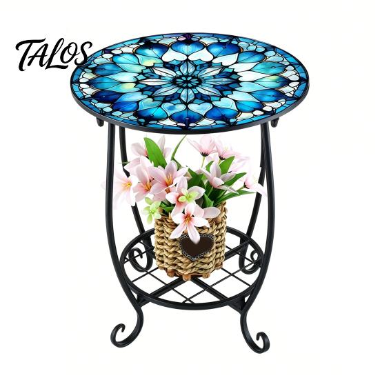 Mesa Lateral Externa Talos, Redonda Pequena Mosaico Pássaro Borboleta Acento de Pátio, Mesa de Apoio para Plantas Café Chá Interna para Quintal Varanda Jardim Sala de Estar, Quarto